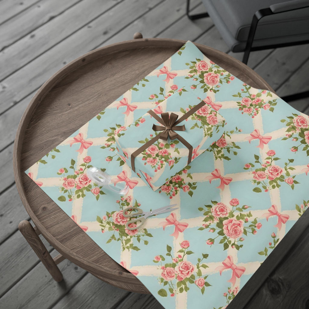 Vintage Rose Bow Wrapping Paper — Pastel Floral Gift Wrap
