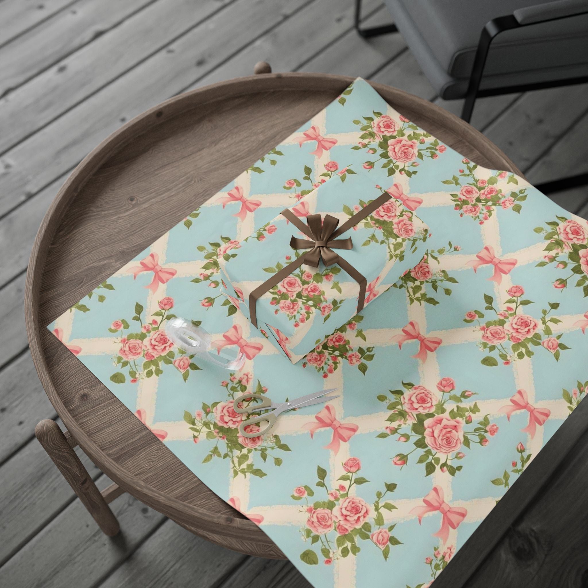 Vintage Rose Bow Wrapping Paper — Pastel Floral Gift Wrap