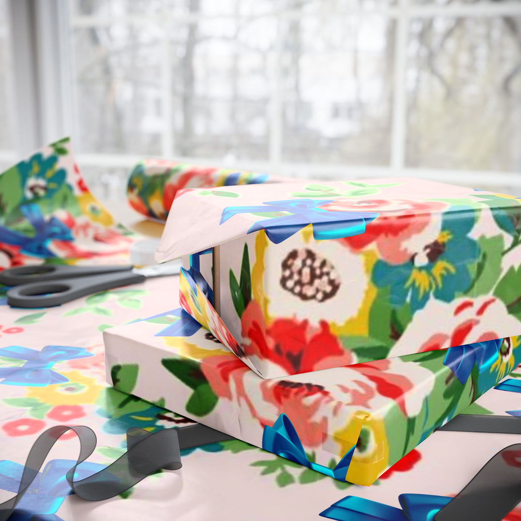 Floral Rose & Blue Bow Gift Wrap — Vintage Bouquet Wrapping Paper