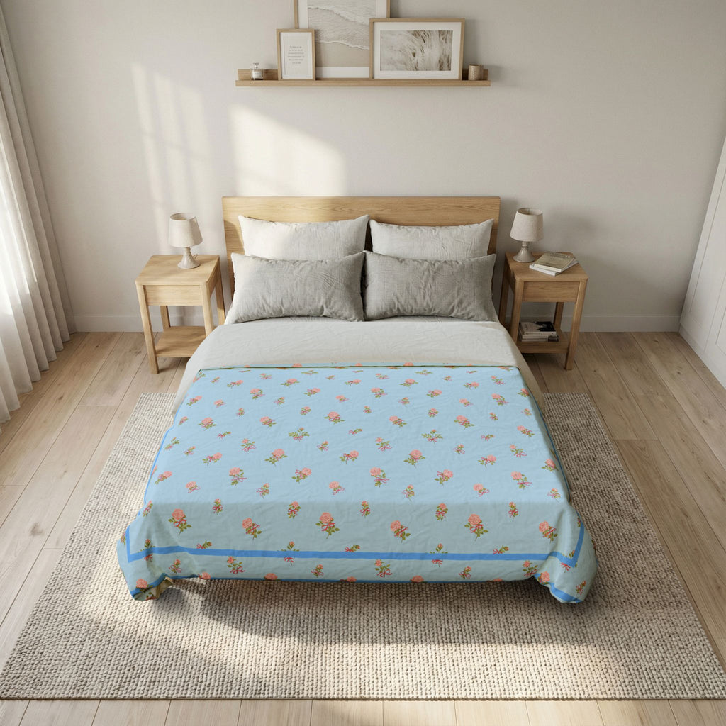 Blue Floral Cotton Duvet Cover – Pastel Rose Pattern, Lightweight Bedroom Bedding