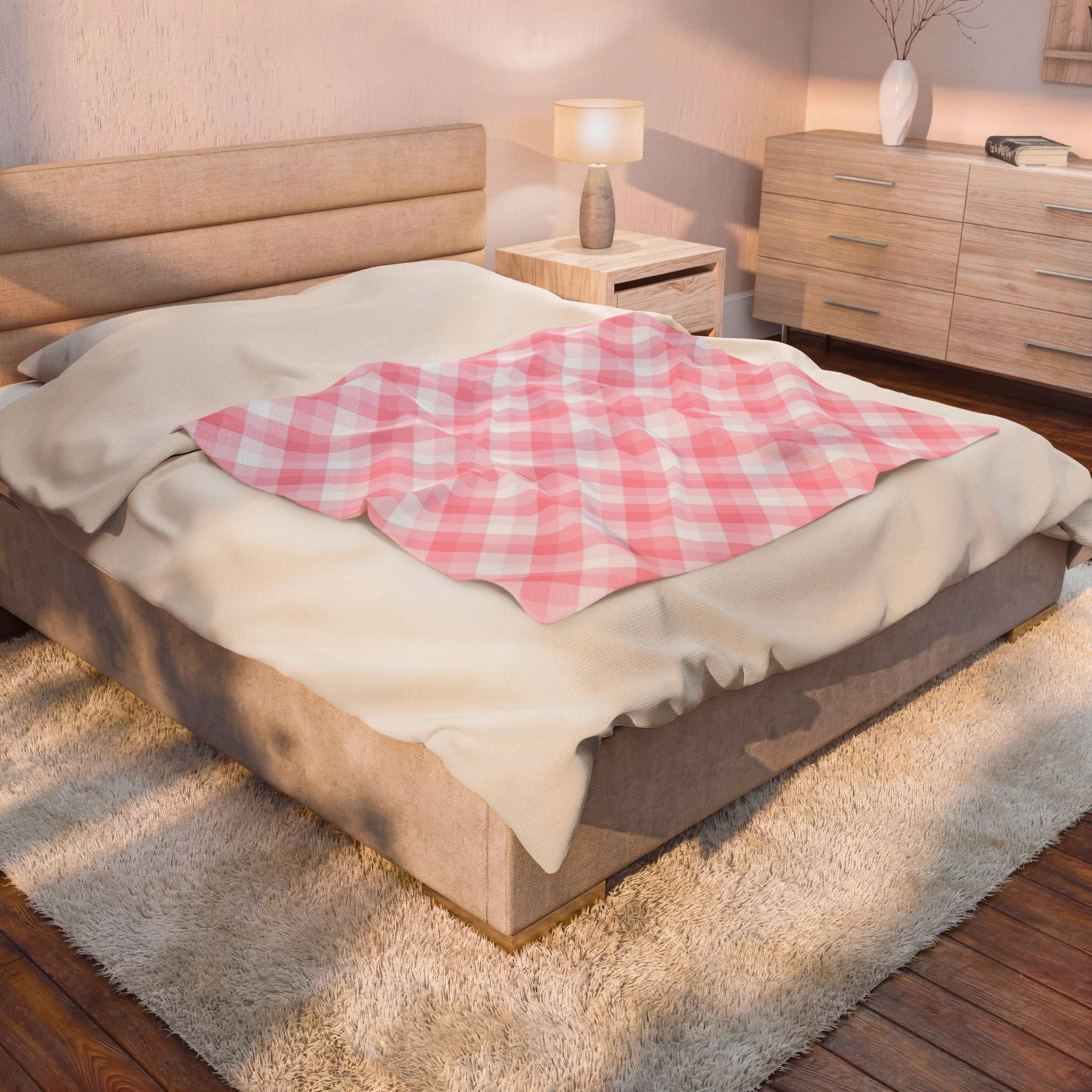 Pink Plaid Velveteen Plush Blanket