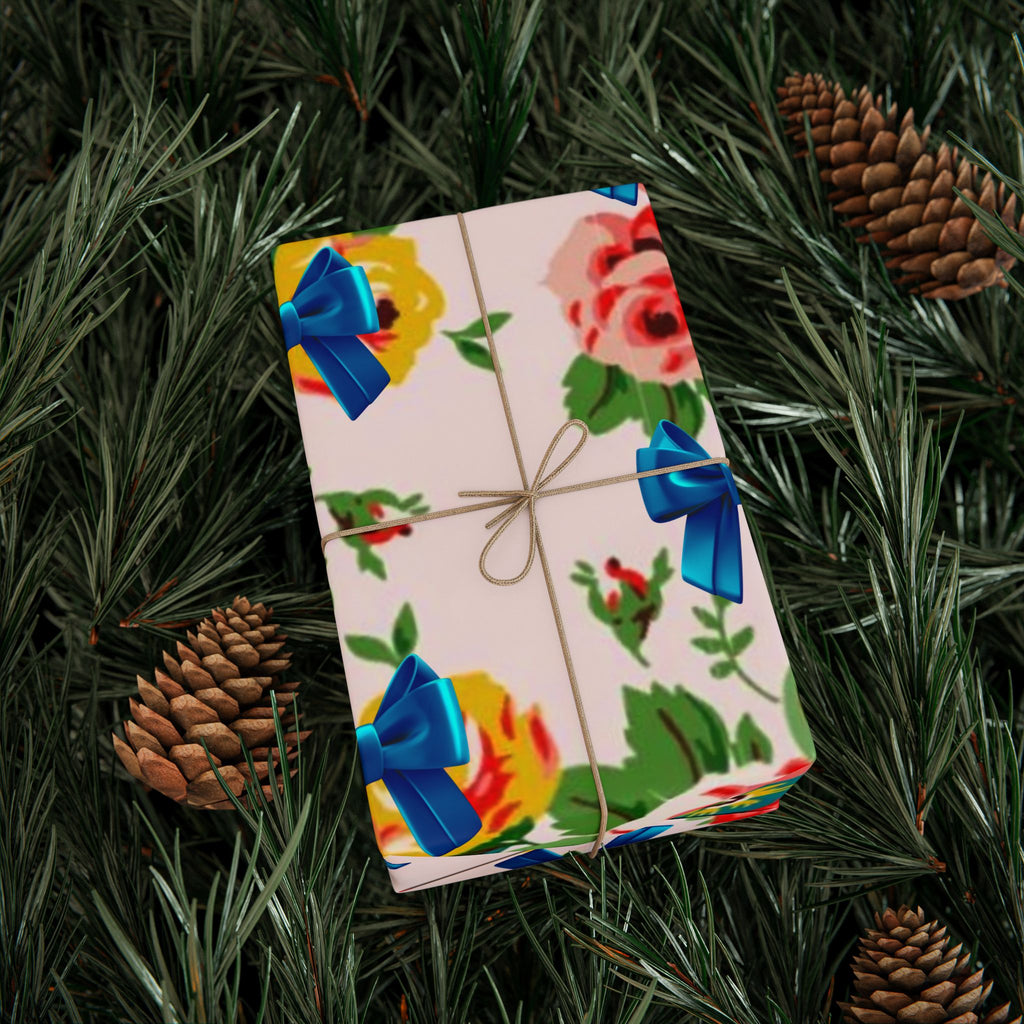 Floral Rose & Blue Bow Gift Wrap — Vintage Bouquet Wrapping Paper