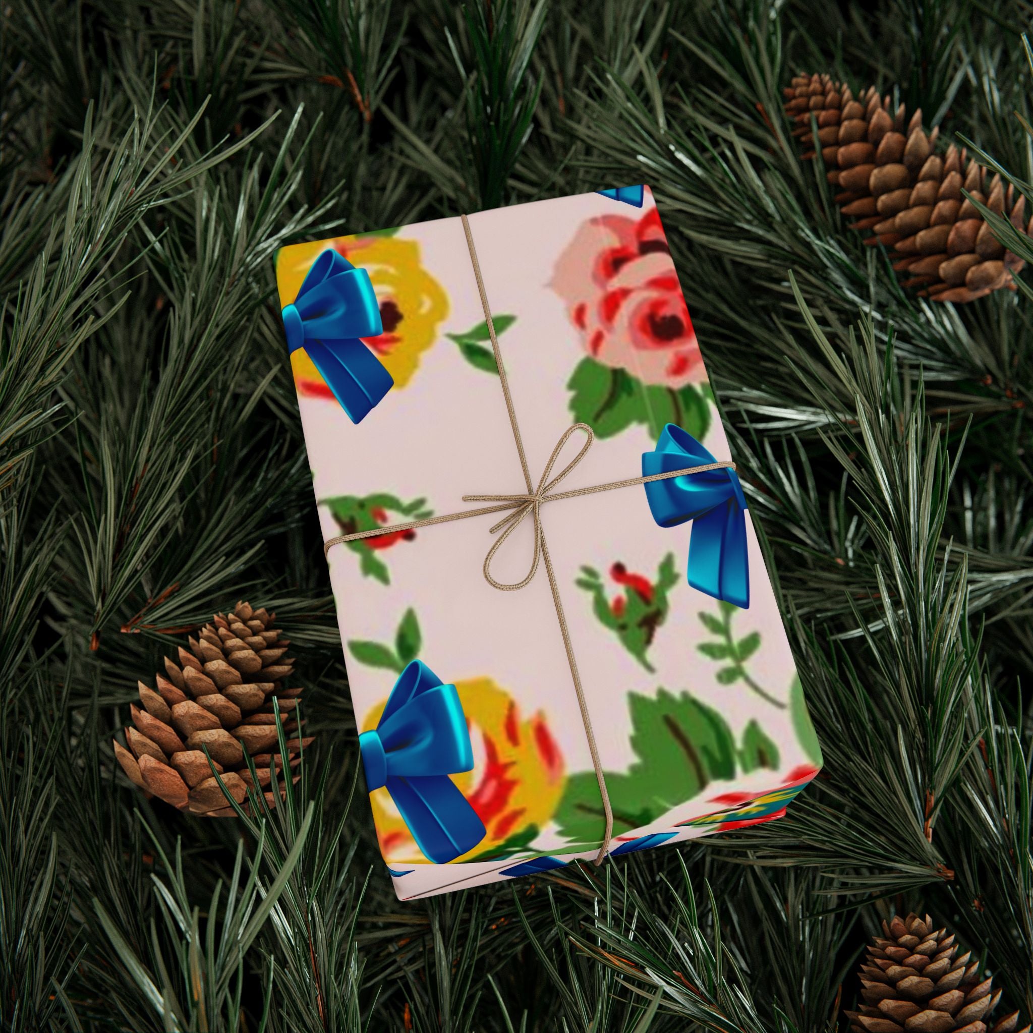 Floral Rose & Blue Bow Gift Wrap — Vintage Bouquet Wrapping Paper