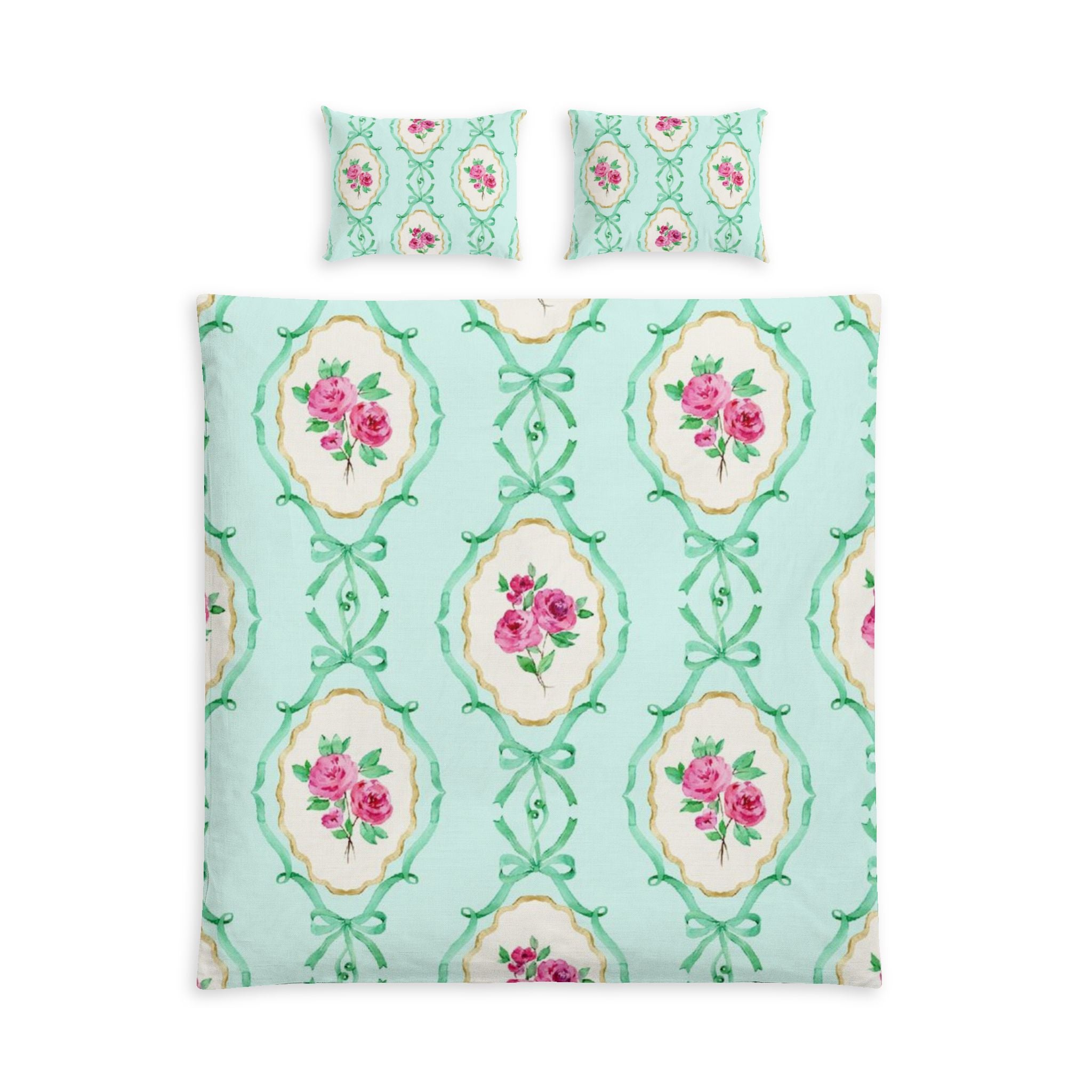 Vintage Floral Cotton Bed Set — Mint Rose Pattern Duvet Cover & Pillowcases