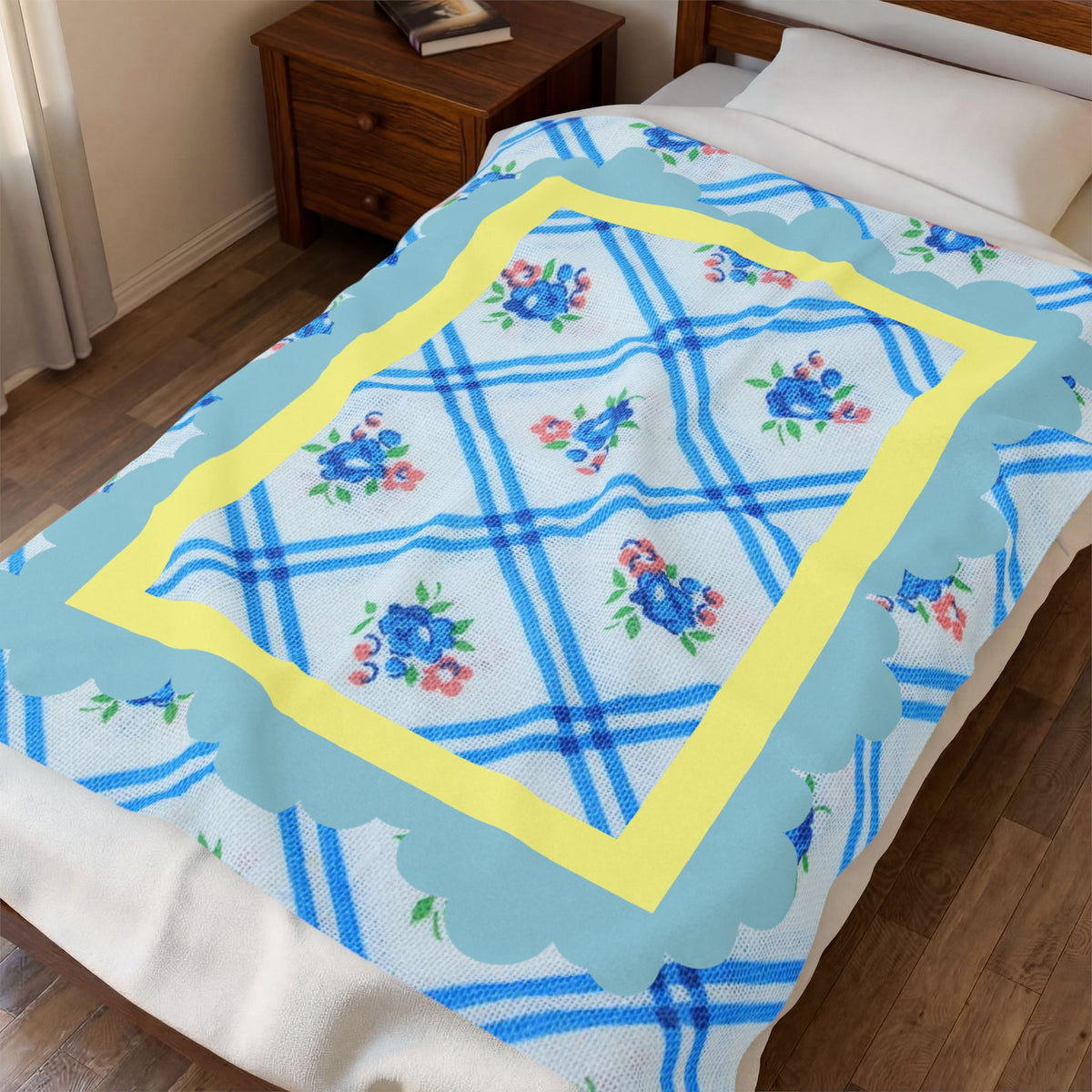 Blue Floral Plaid Velveteen Blanket - Cozy Vintage Rose Throw