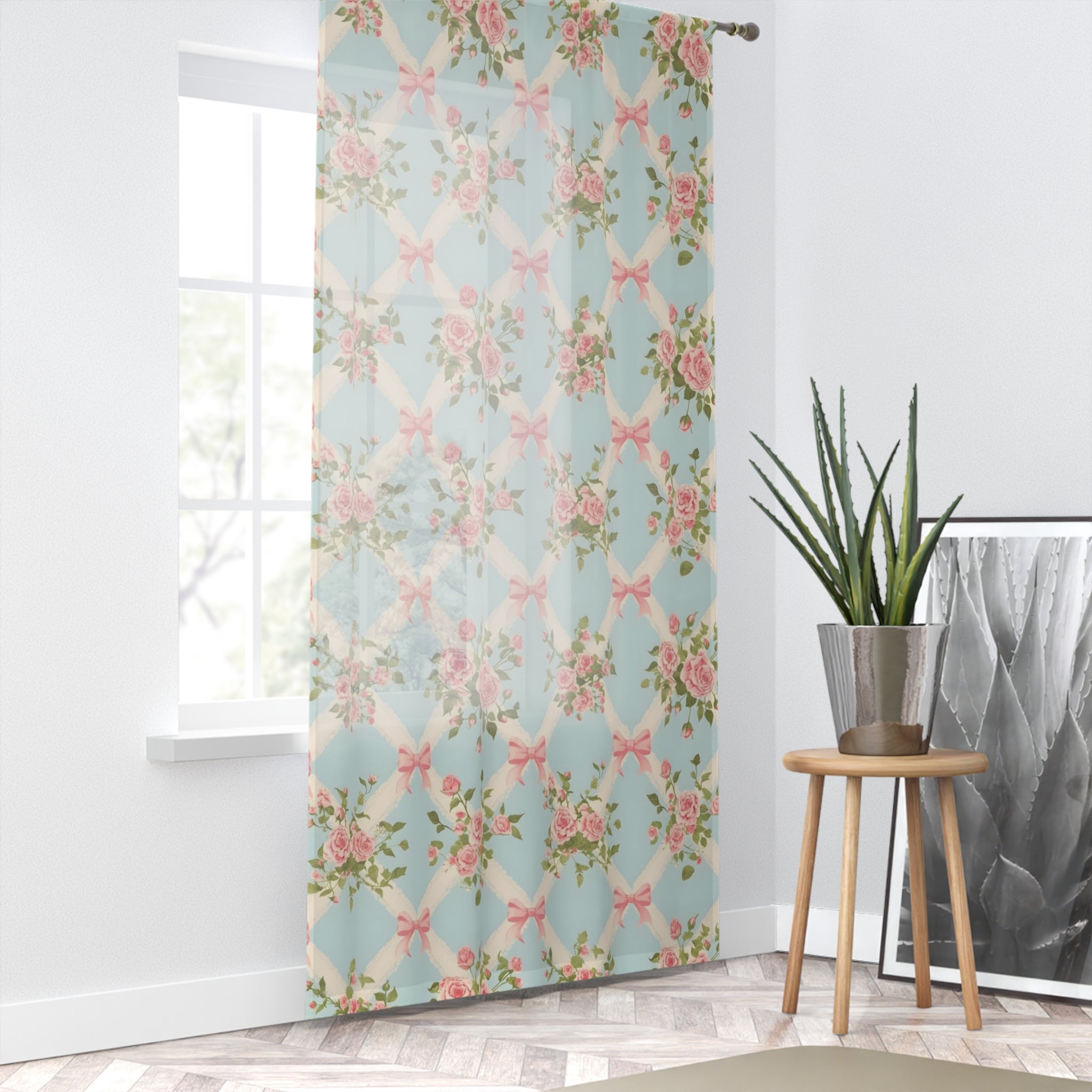Fresh Start Floral Rose Bow Window Curtain-Long