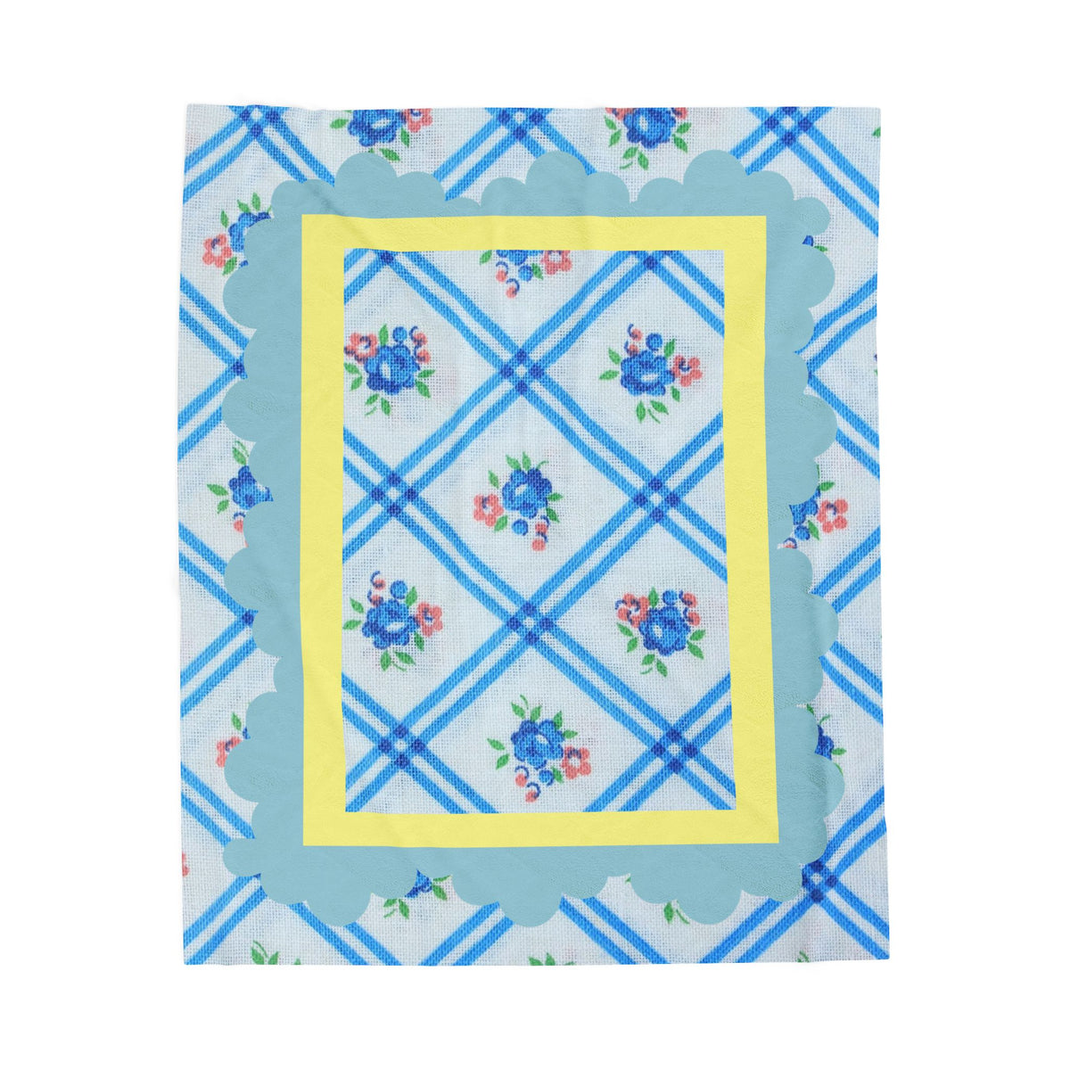 Blue Floral Plaid Velveteen Blanket - Cozy Vintage Rose Throw