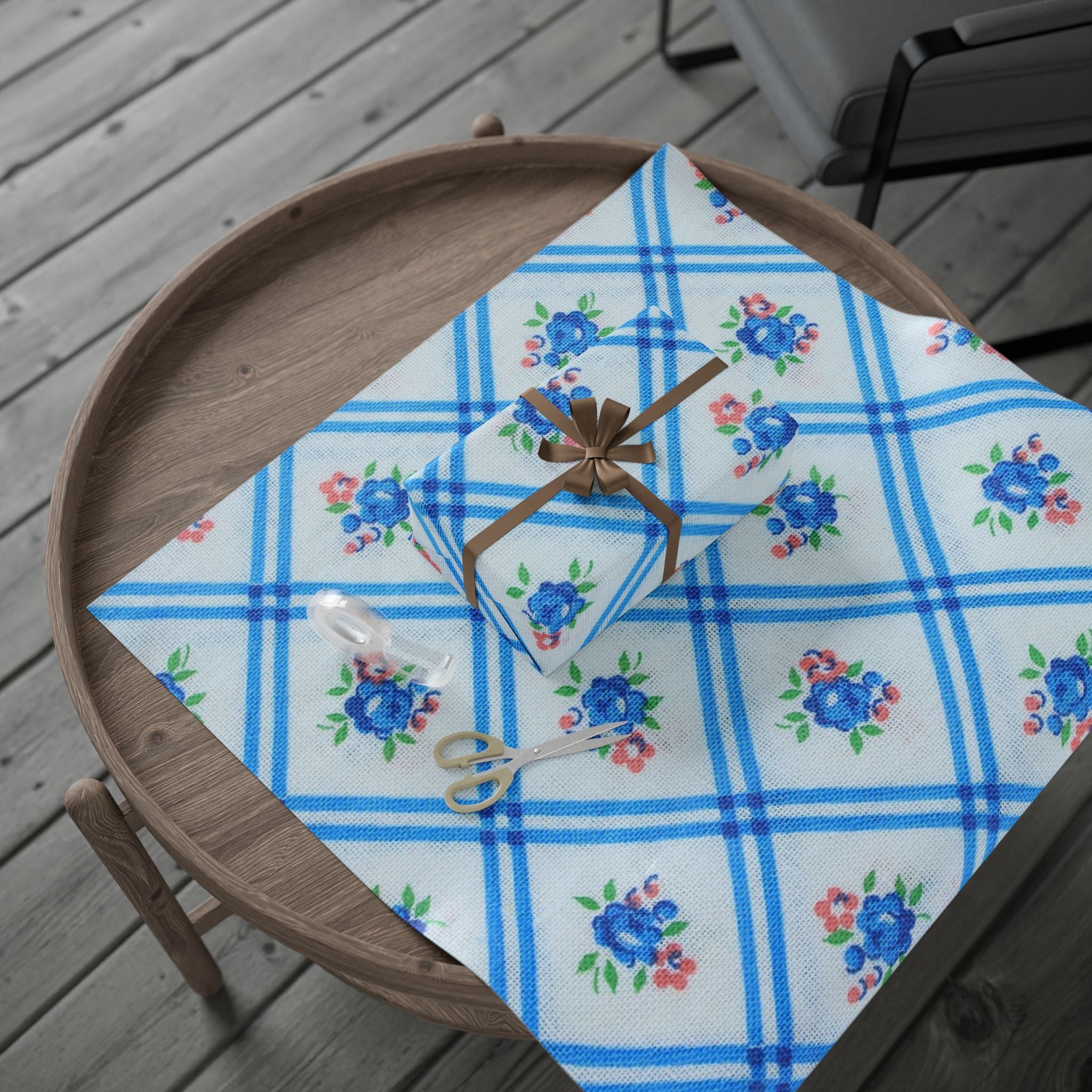 Floral Blue Plaid Wrapping Paper – Vintage Rose Gift Wrap Roll