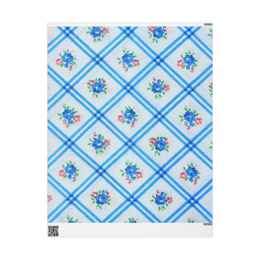 Floral Blue Plaid Wrapping Paper – Vintage Rose Gift Wrap Roll