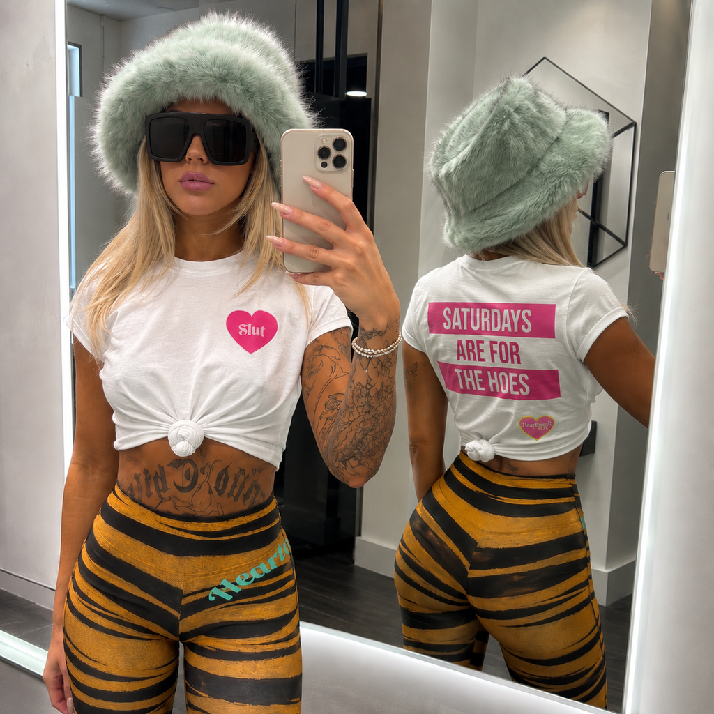 Women's Tee — 'Saturdays Are For The Hoes' Pink Heart Graphic