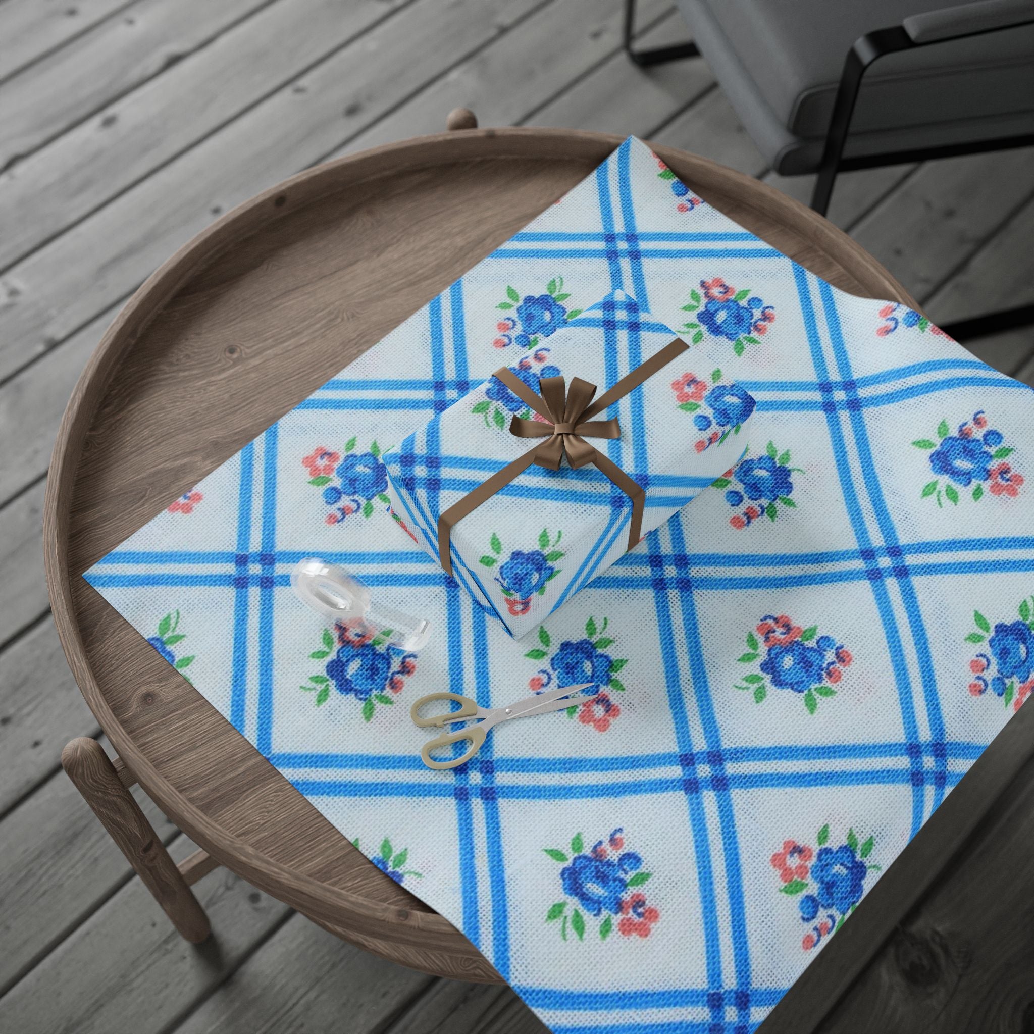 Floral Blue Plaid Wrapping Paper – Vintage Rose Gift Wrap Roll