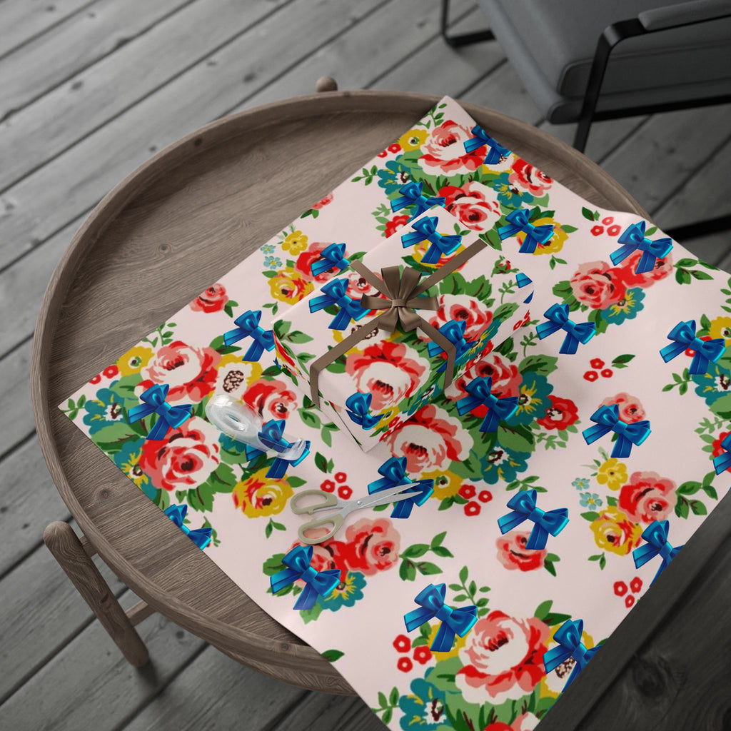 Floral Rose & Blue Bow Gift Wrap — Vintage Bouquet Wrapping Paper