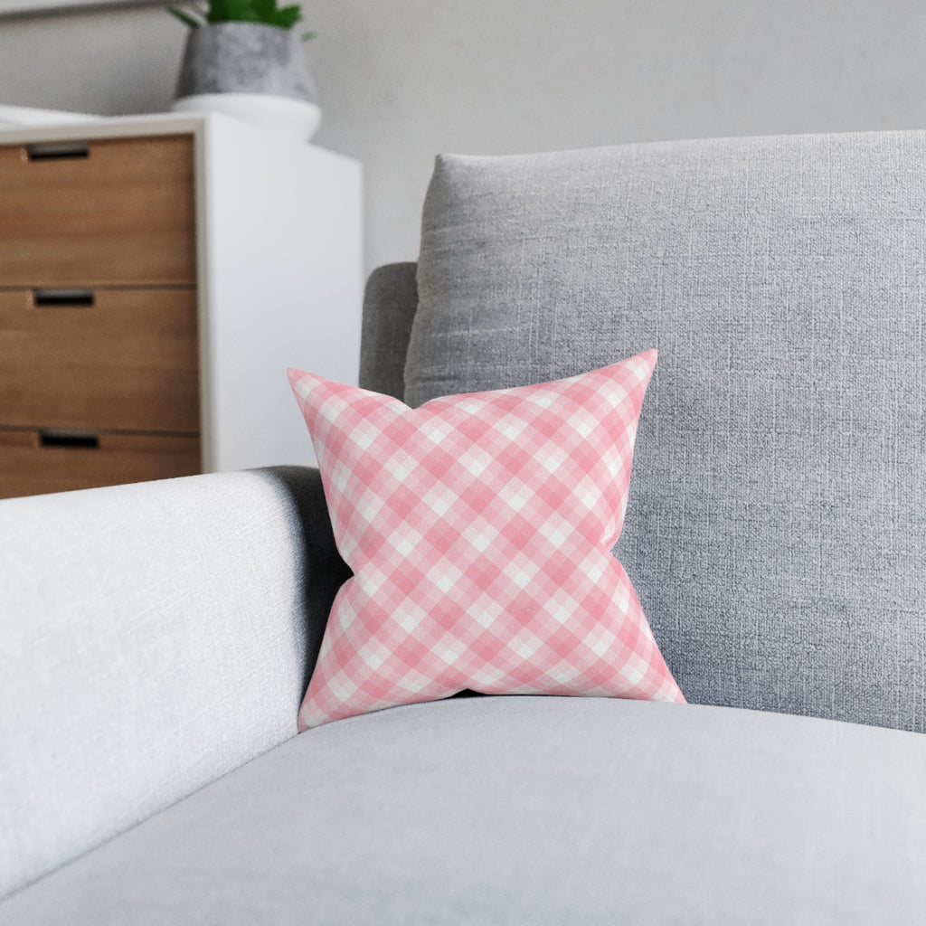 Pink Gingham Square Pillow — Soft Blush Decorative Throw Pillow