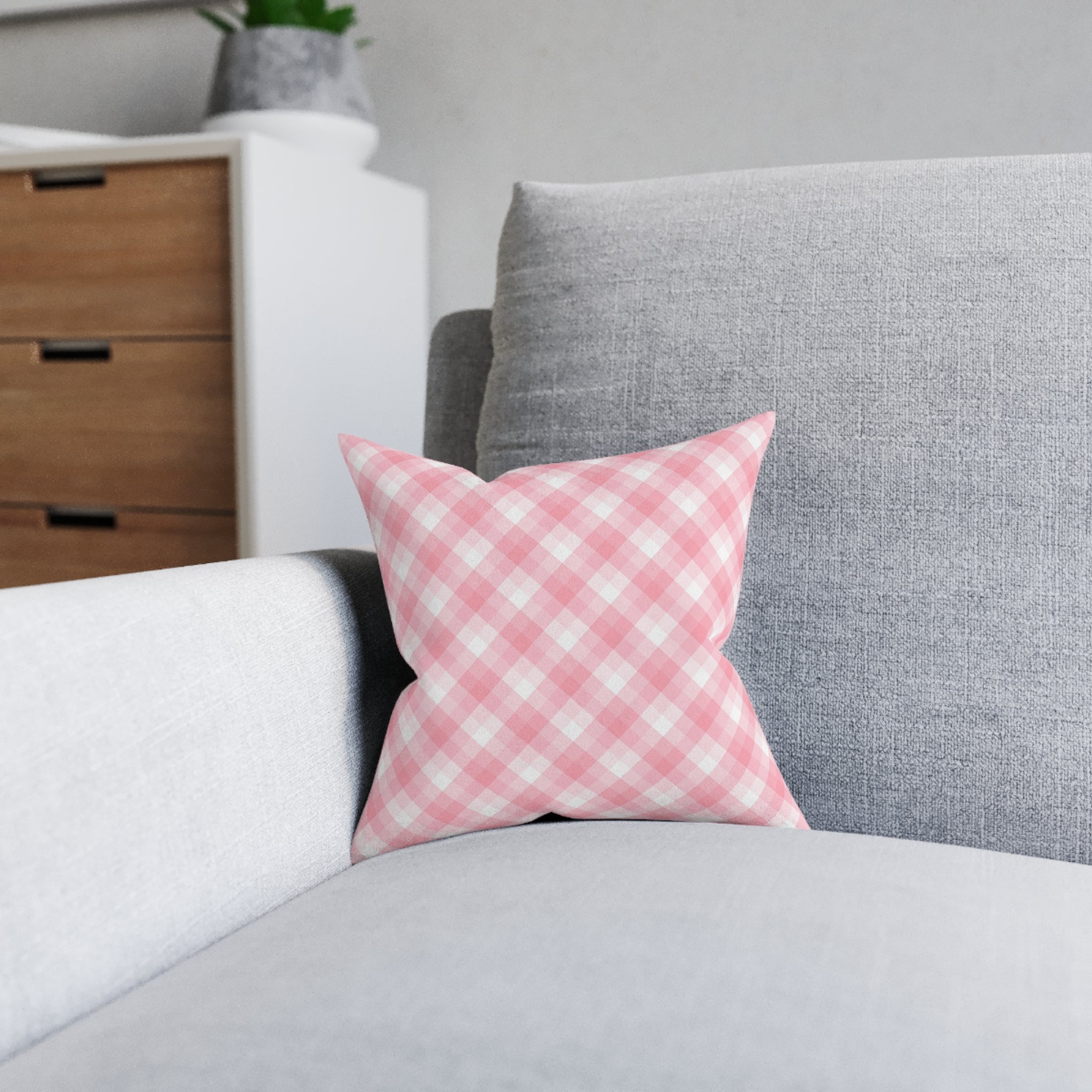 Pink Gingham Square Pillow — Soft Blush Decorative Throw Pillow