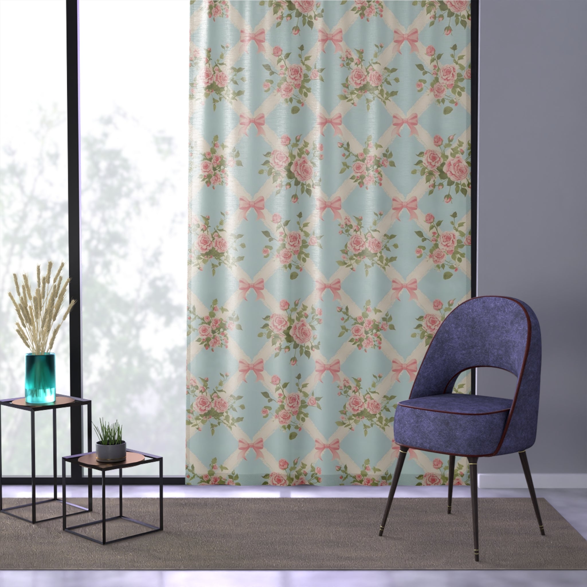 Fresh Start Floral Rose Bow Window Curtain-Long