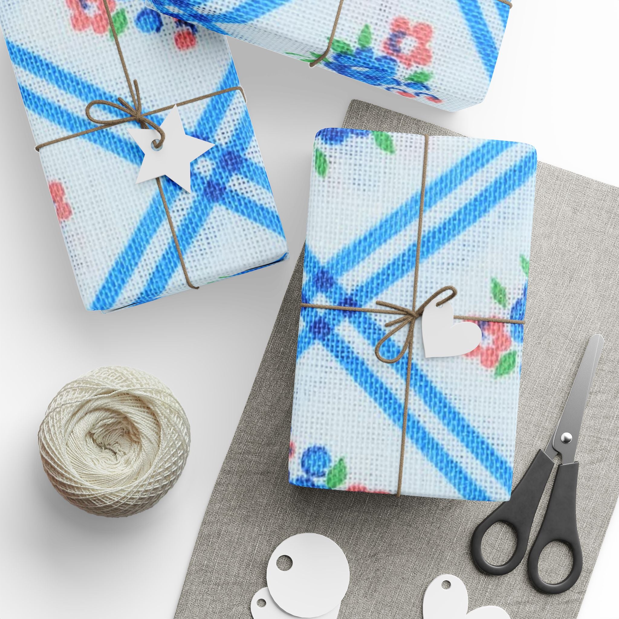 Floral Blue Plaid Wrapping Paper – Vintage Rose Gift Wrap Roll