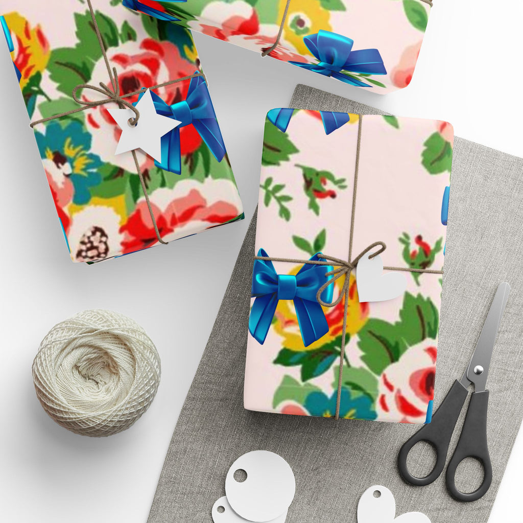 Floral Rose & Blue Bow Gift Wrap — Vintage Bouquet Wrapping Paper