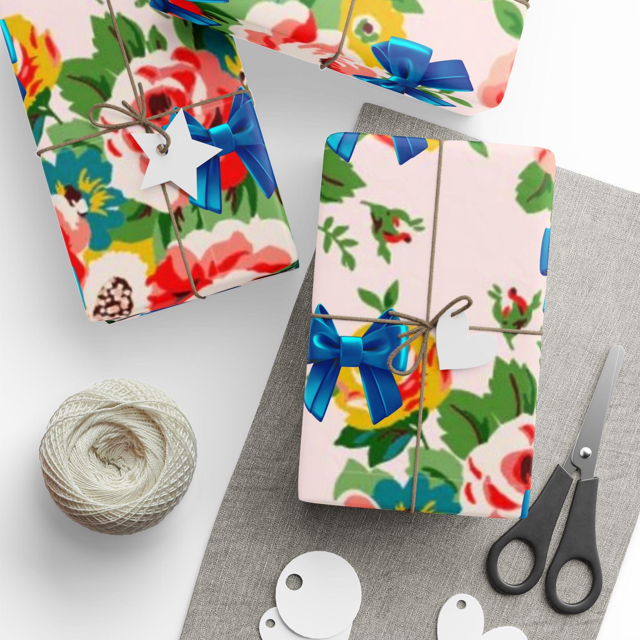 Floral Rose & Blue Bow Gift Wrap — Vintage Bouquet Wrapping Paper