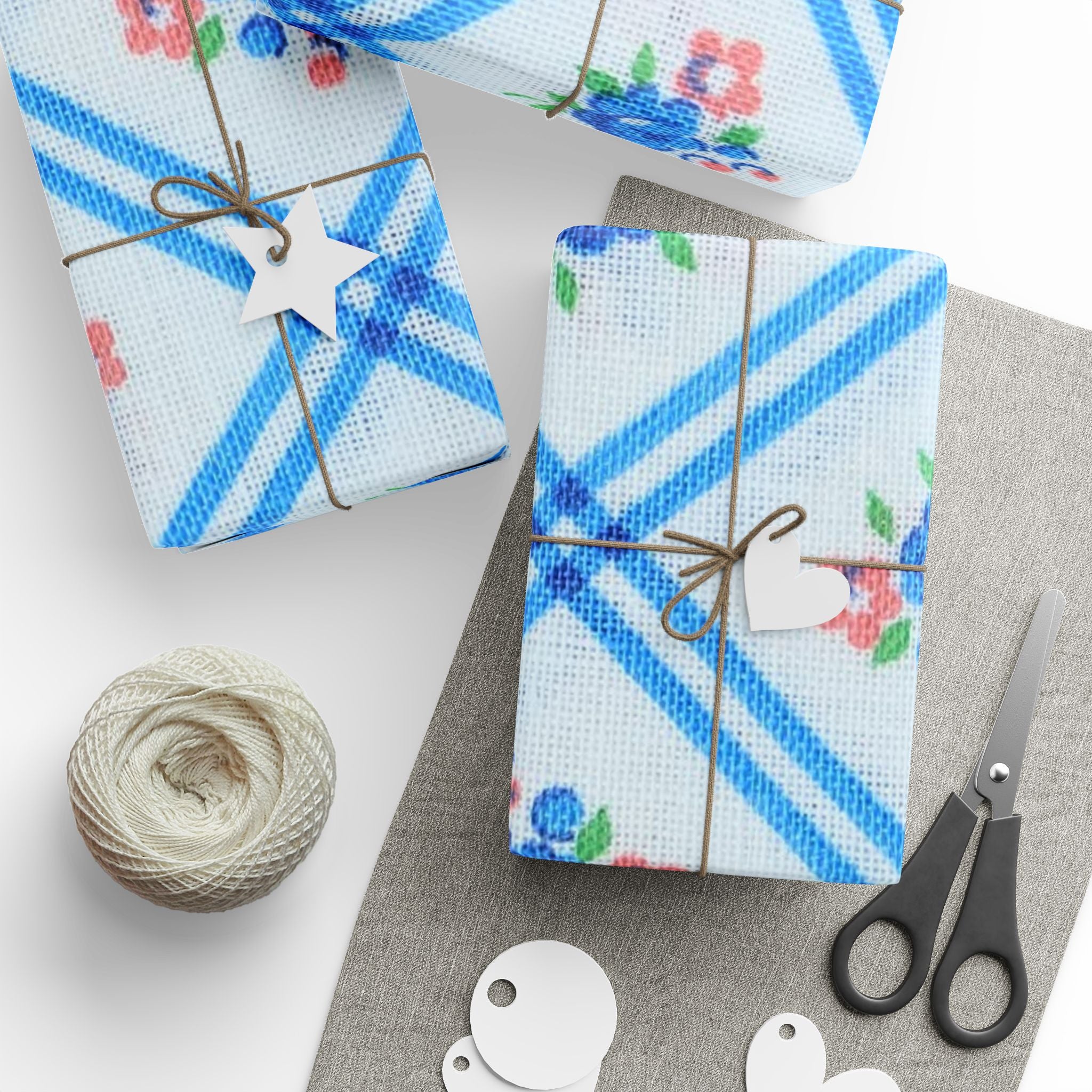 Floral Blue Plaid Wrapping Paper – Vintage Rose Gift Wrap Roll