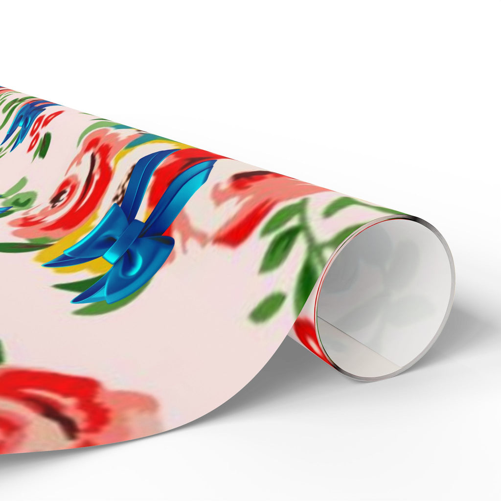 Floral Rose & Blue Bow Gift Wrap — Vintage Bouquet Wrapping Paper
